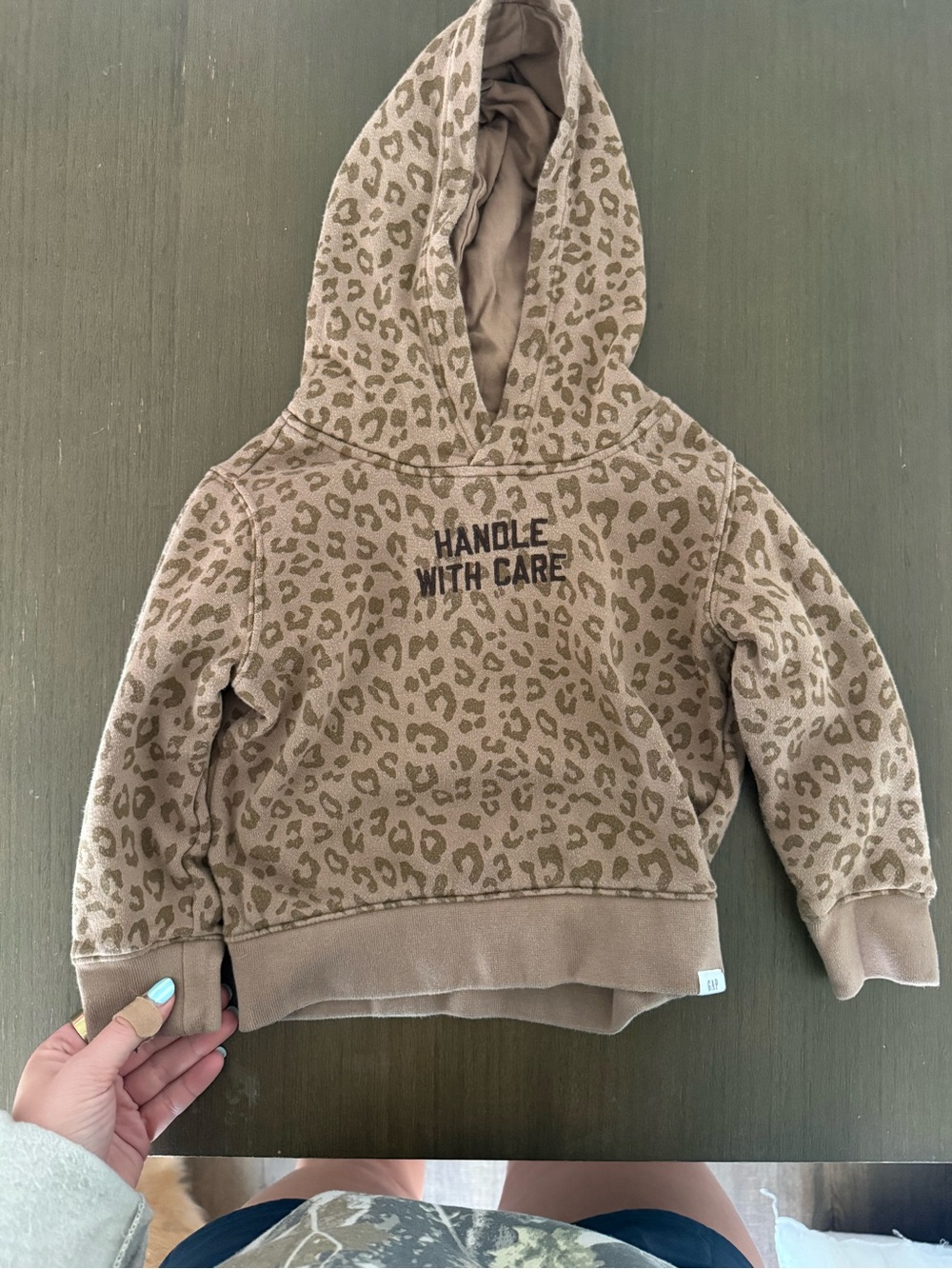 GAP Taupe Leopard Hoodie with 'Handle With Care'